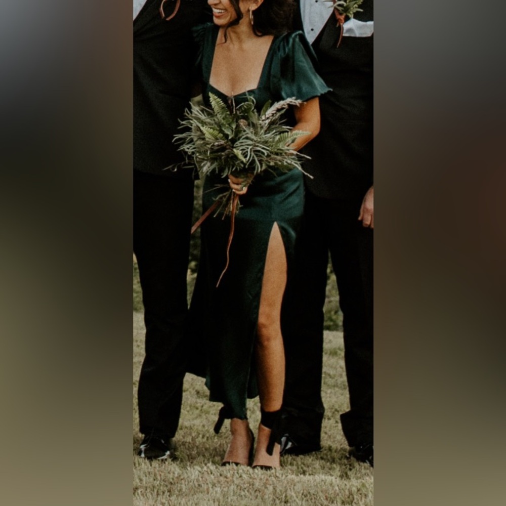 Stone Cold Fox Dark Green Silk Puff Sleeve Dress